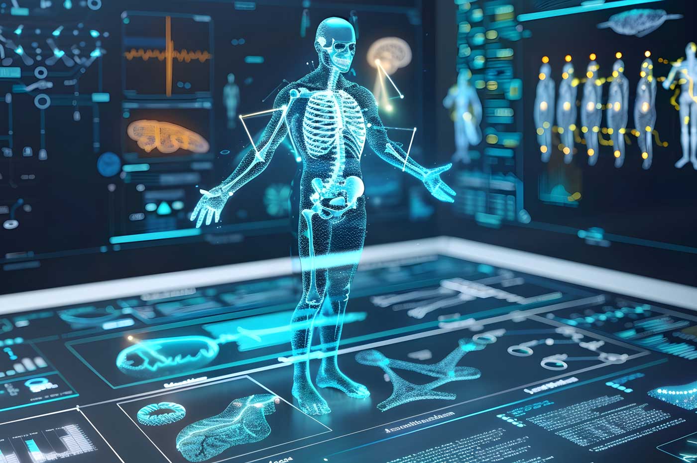 Digitalisierter Mensch als Hologramm mit medizinischen Graphen und Darstellungen auf Monitoren im Hintergrund